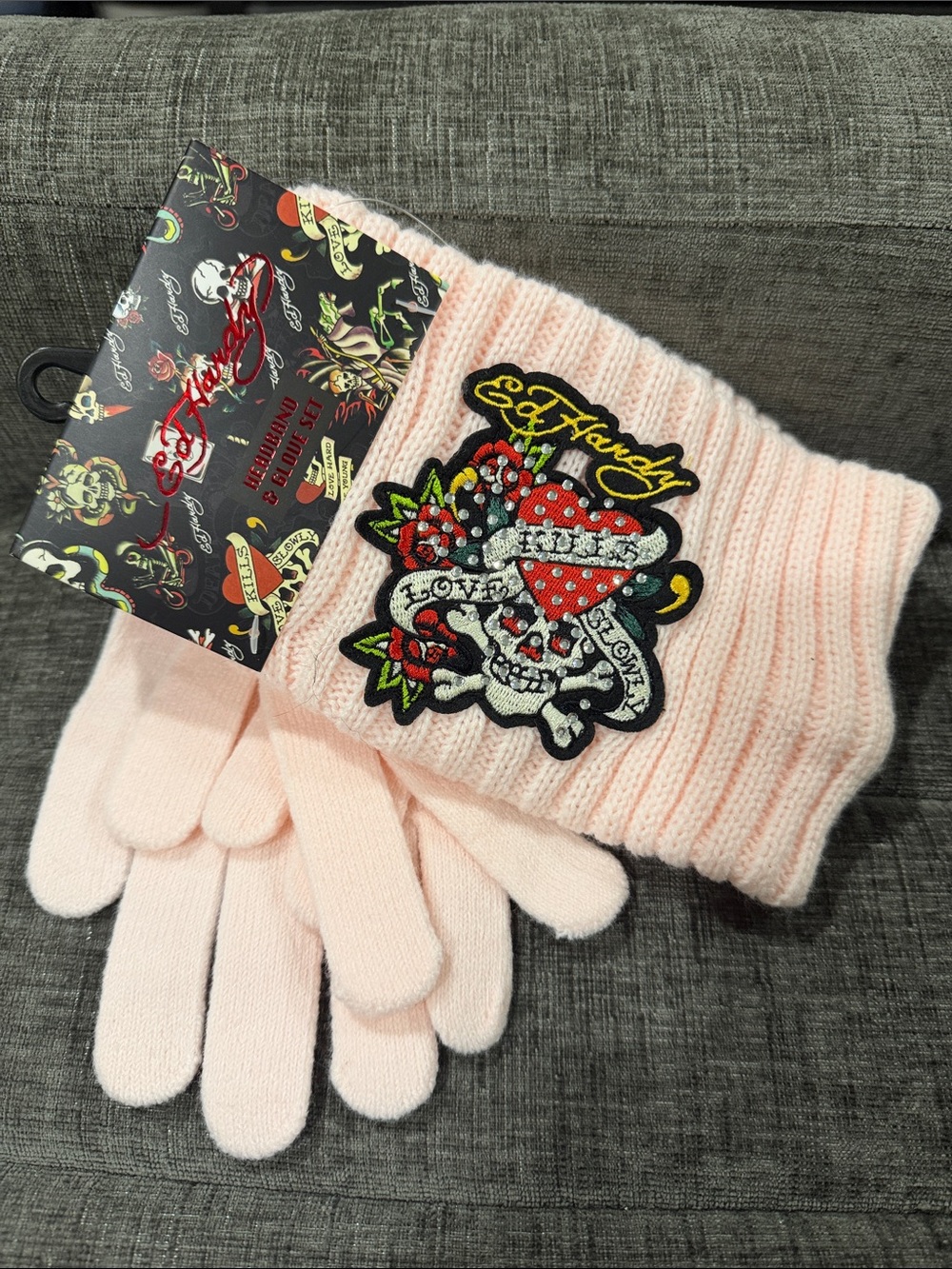 Ed Hardy Light Pink Ribbed Beanie and Glove Set with Embroidered Skull Patch